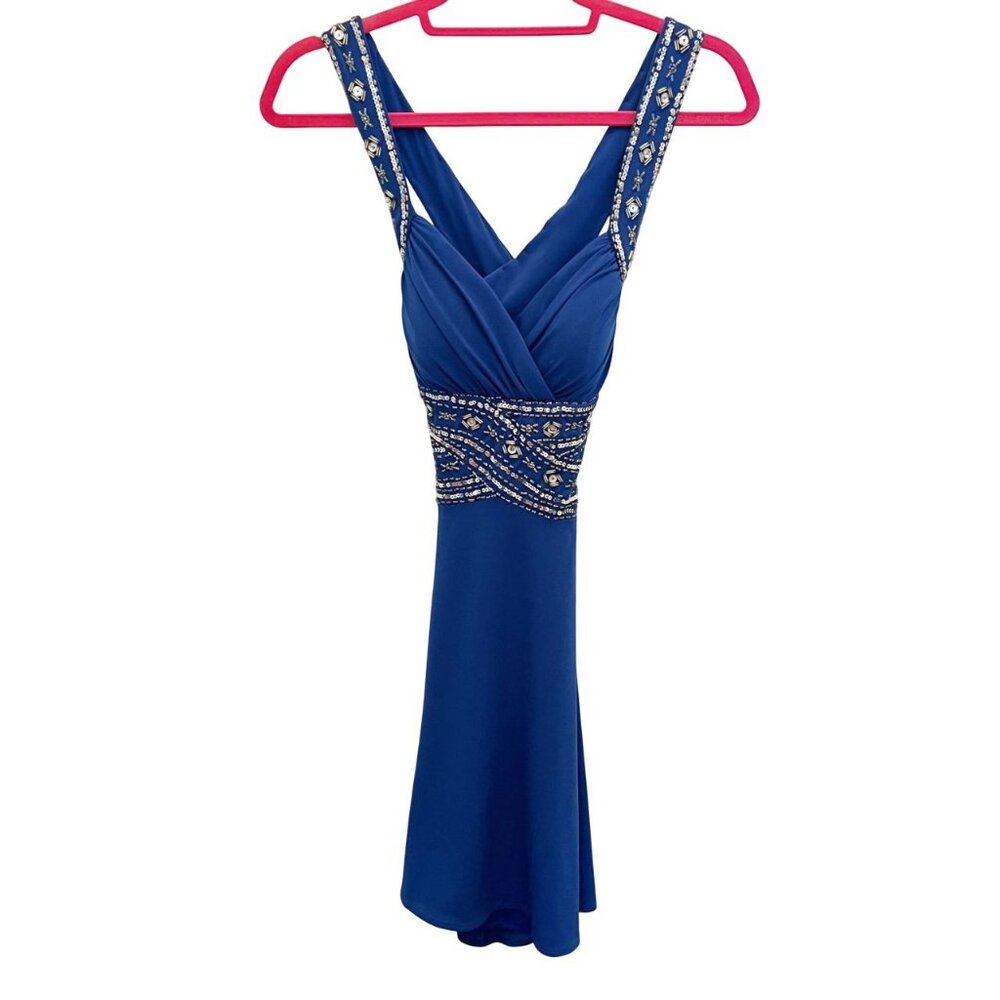 Hailey Logan Adrianna Papell Blue & Silver Beaded Cross Back Mini‎ Dress Size XS